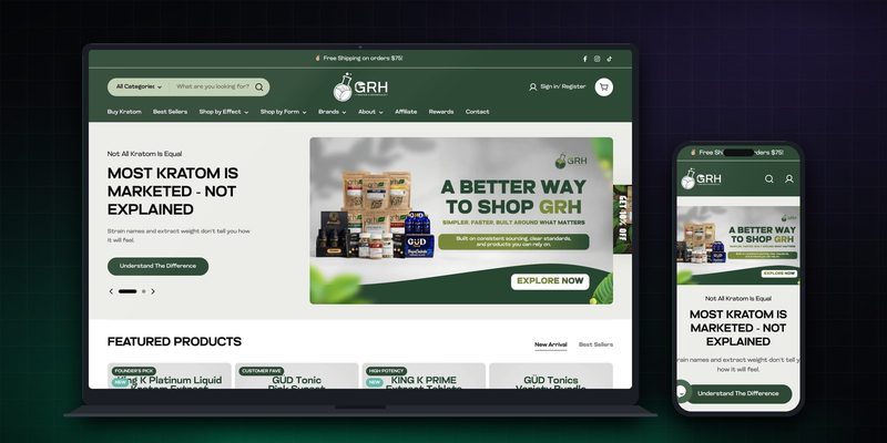 GRH Kratom homepage on desktop and mobile