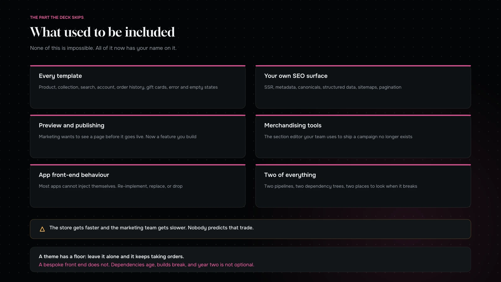 What a headless build takes on: every page template, SEO surface, previews, merchandising tools, and the ongoing maintenance of a bespoke front end