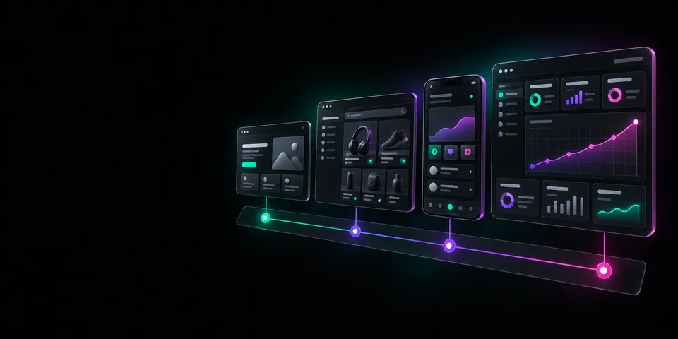 Storefront, product and analytics screens connected along one delivery line