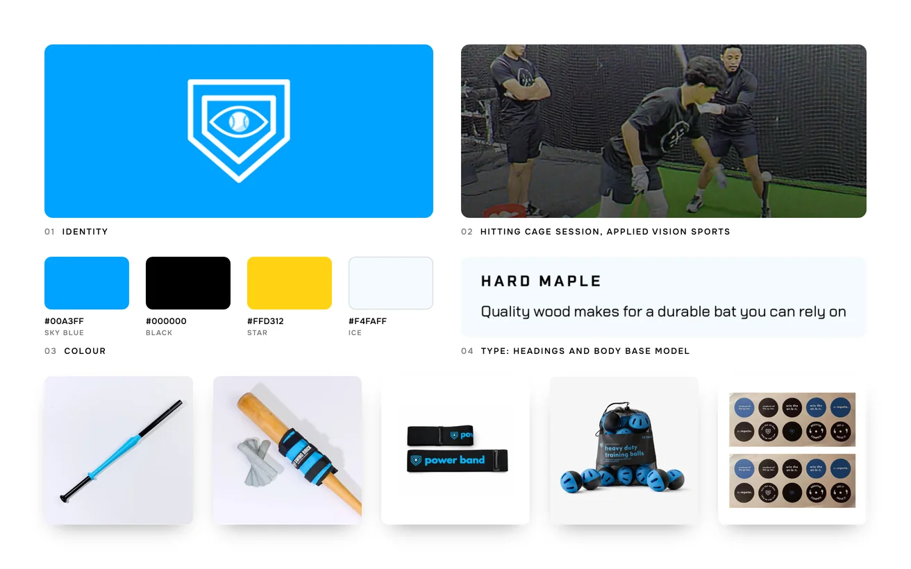 Applied Vision Baseball brand board: logo, colour palette, typography, hitting cage session, Applied Vision Sports and the product range