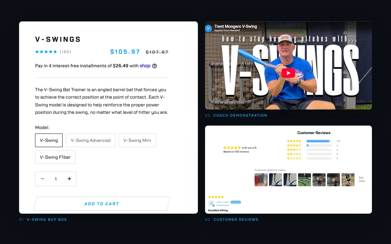 Close-ups of the V-Swing product page: the buy box with model options, the coach's demonstration video and customer reviews