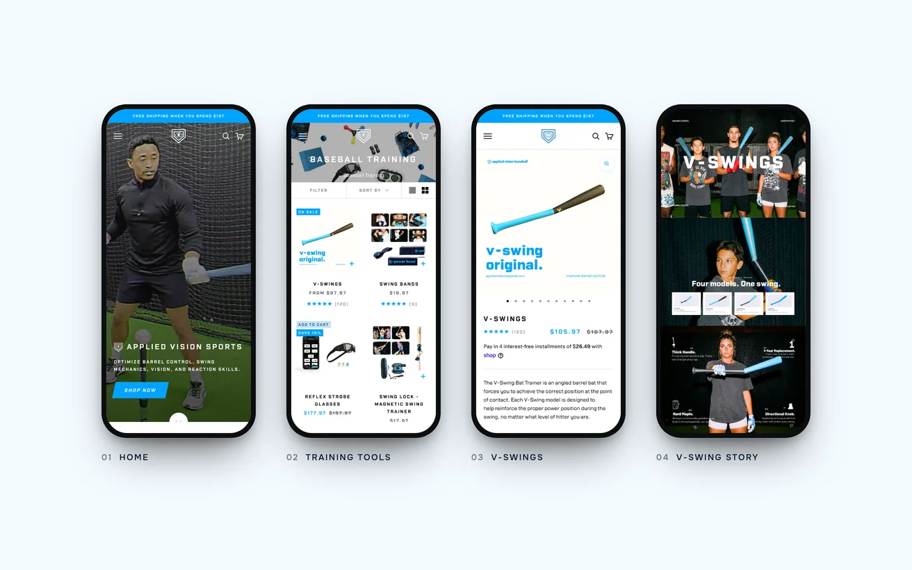 The finished Applied Vision store on phones: home, training tools, V-Swings and the V-Swing story section