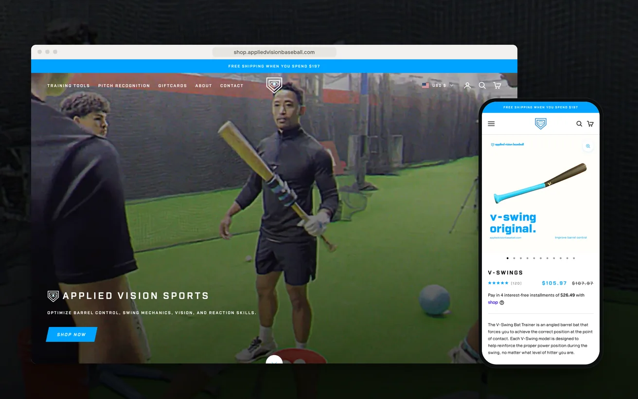 Applied Vision Baseball's Shopify store on desktop and phone: the homepage and the V-Swing product page