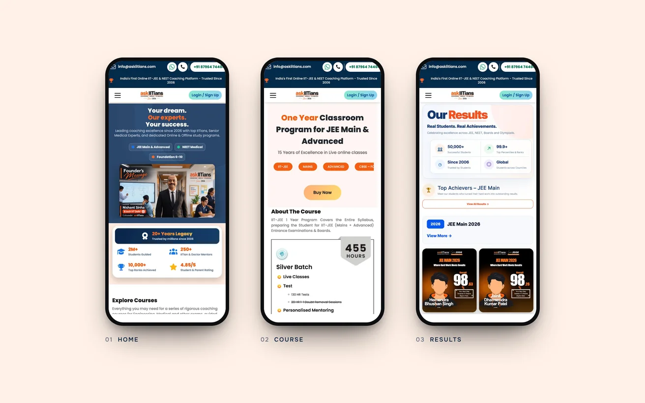 The finished askIITians site on phones: home, course page and results