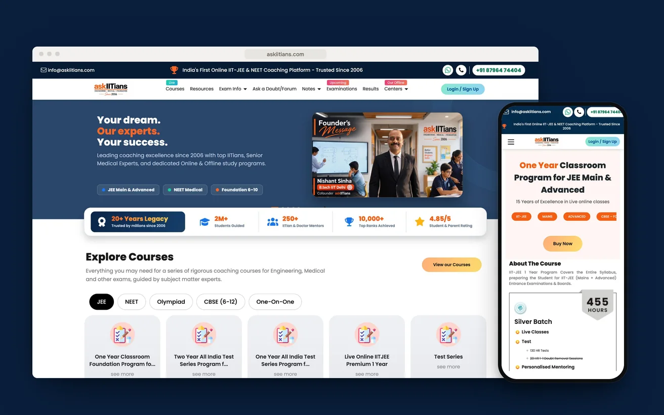 askIITians on desktop and phone: the homepage and the one-year JEE classroom programme page