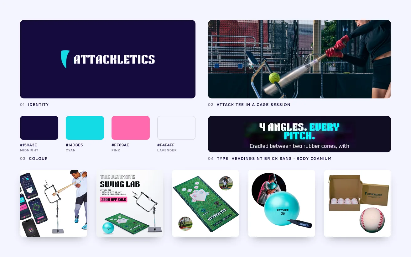 Attackletics brand board: logo, colour palette, typography, attack Tee in a cage session and the product range