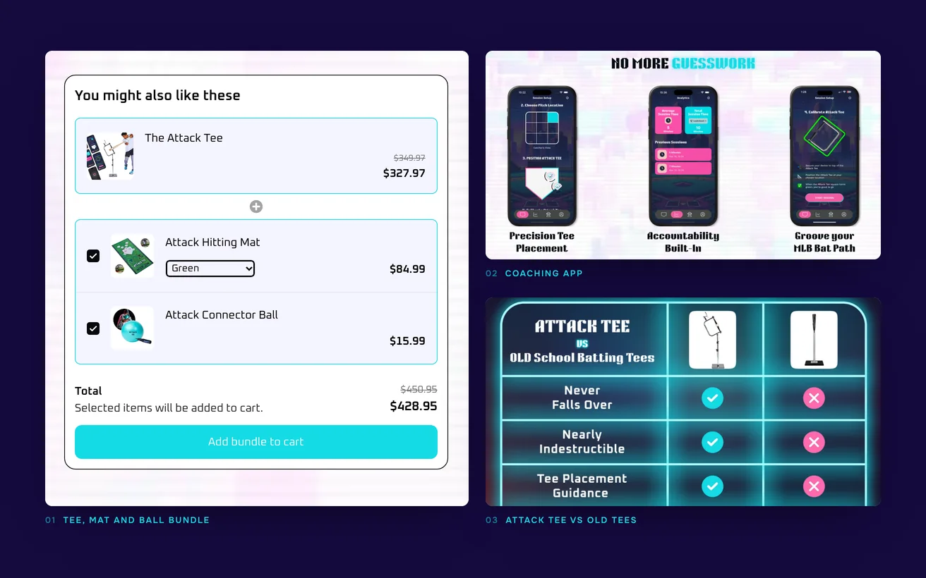 Close-ups of the Attack Tee page: the tee, mat and ball bundle, the coaching app and the comparison with old tees