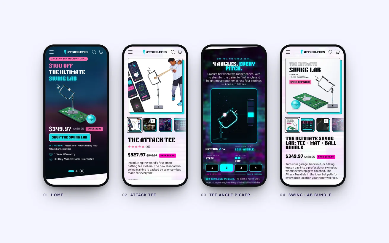 The finished Attackletics store on phones: home, Attack Tee, the tee angle picker and the Swing Lab bundle