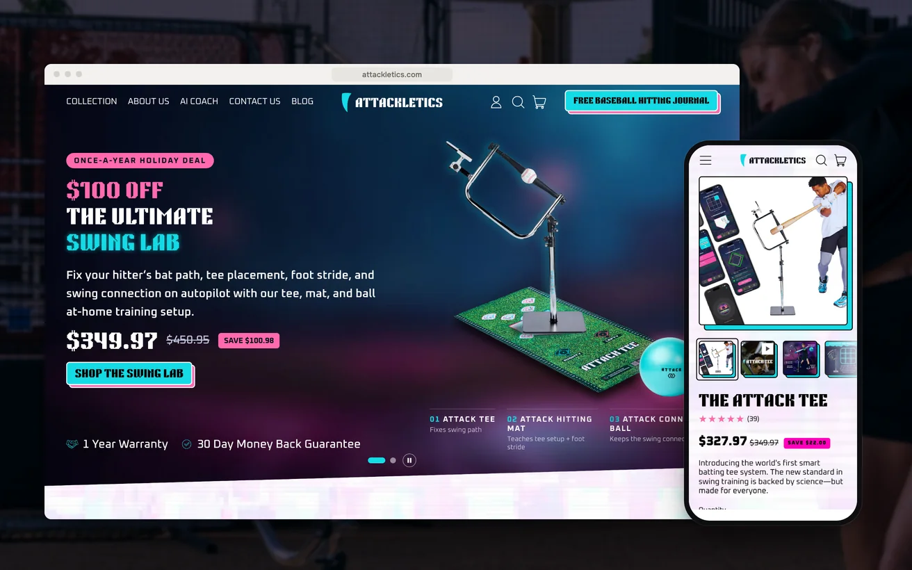 Attackletics' Shopify store on desktop and phone: the homepage and the Attack Tee product page