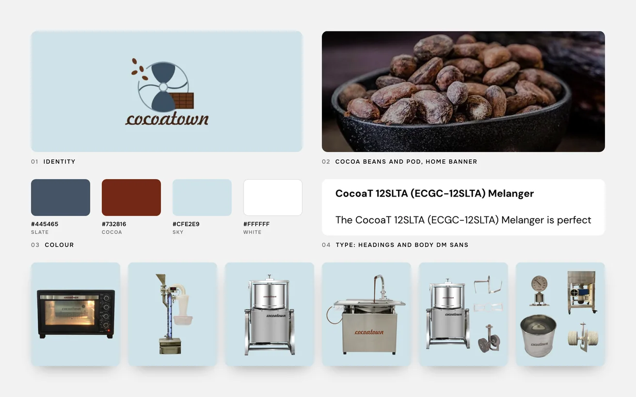 Cocoatown brand board: logo, colour palette, typography, cocoa beans, home banner and the product range