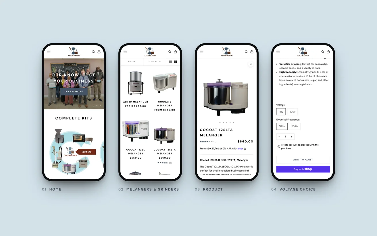 The finished CocoaTown store on phones: home, melangers and grinders, product and voltage choice