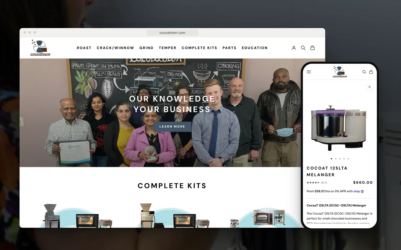 CocoaTown's Shopify store on desktop and phone: the homepage and the CocoaT 12SLTA melanger product page