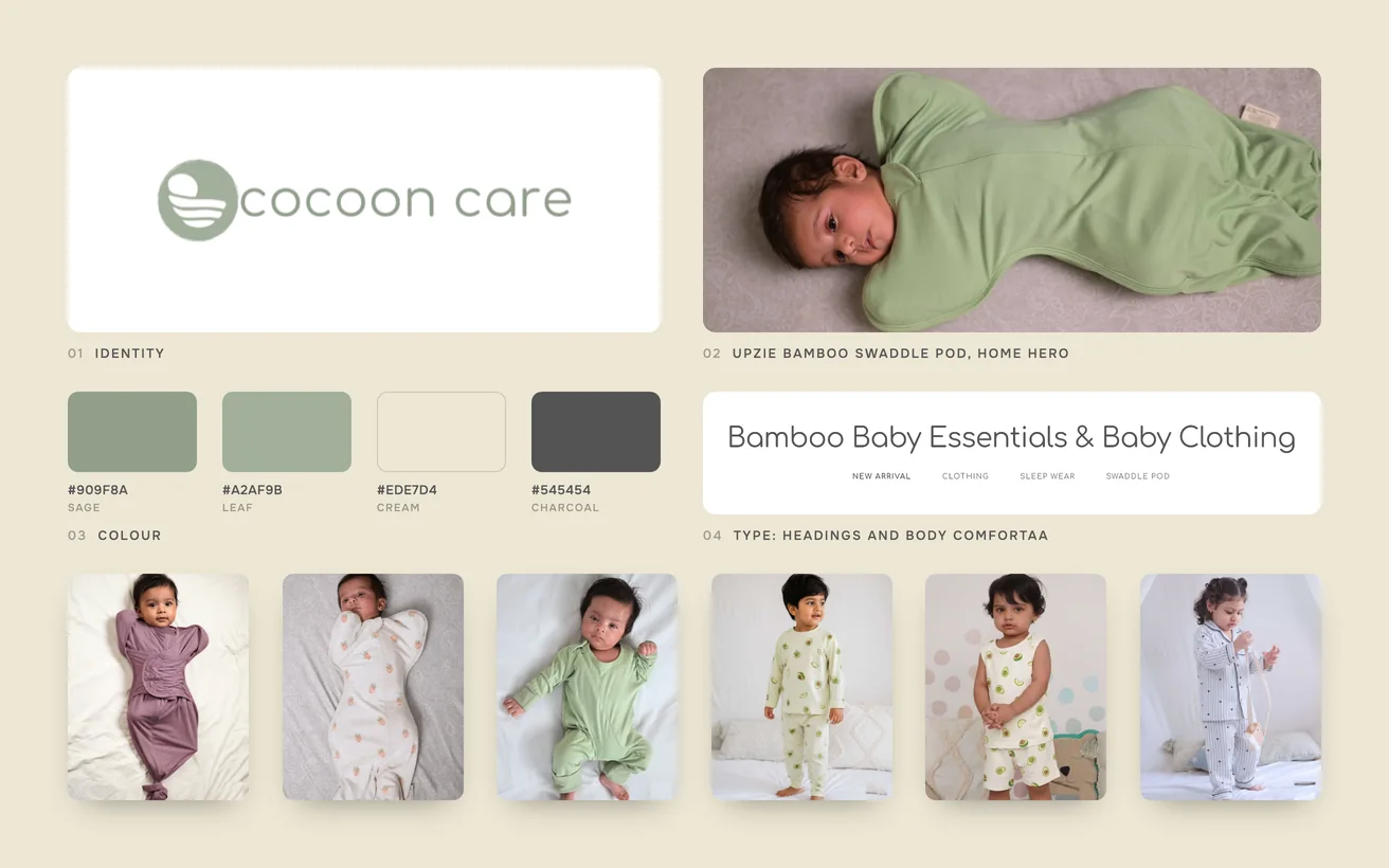 Cocooncare brand board: logo, colour palette, typography, uPZIE bamboo swaddle pod, home hero and the product range