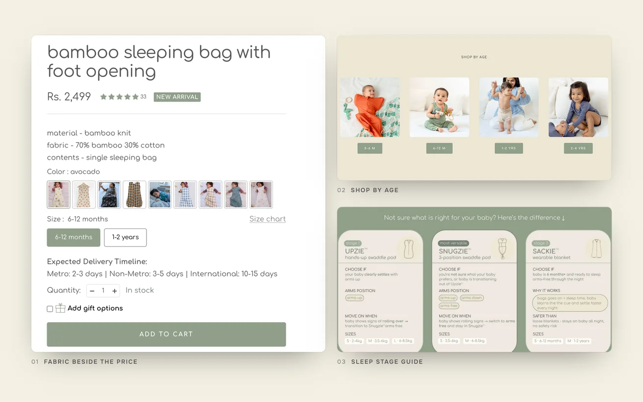 Close-ups of Cocoon Care: fabric details beside the price, shop by age and the sleep stage guide
