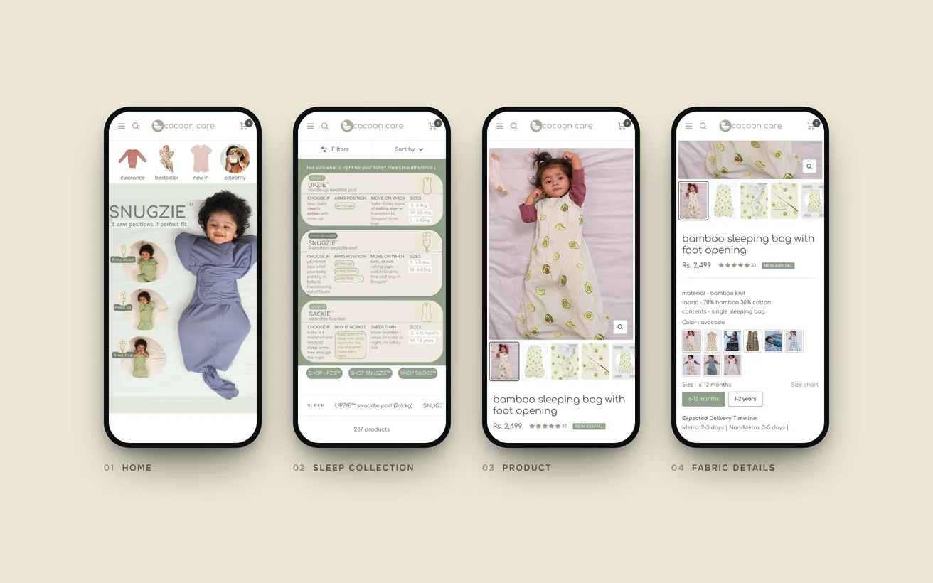 The finished Cocoon Care store on phones: home, sleep collection, product and fabric details
