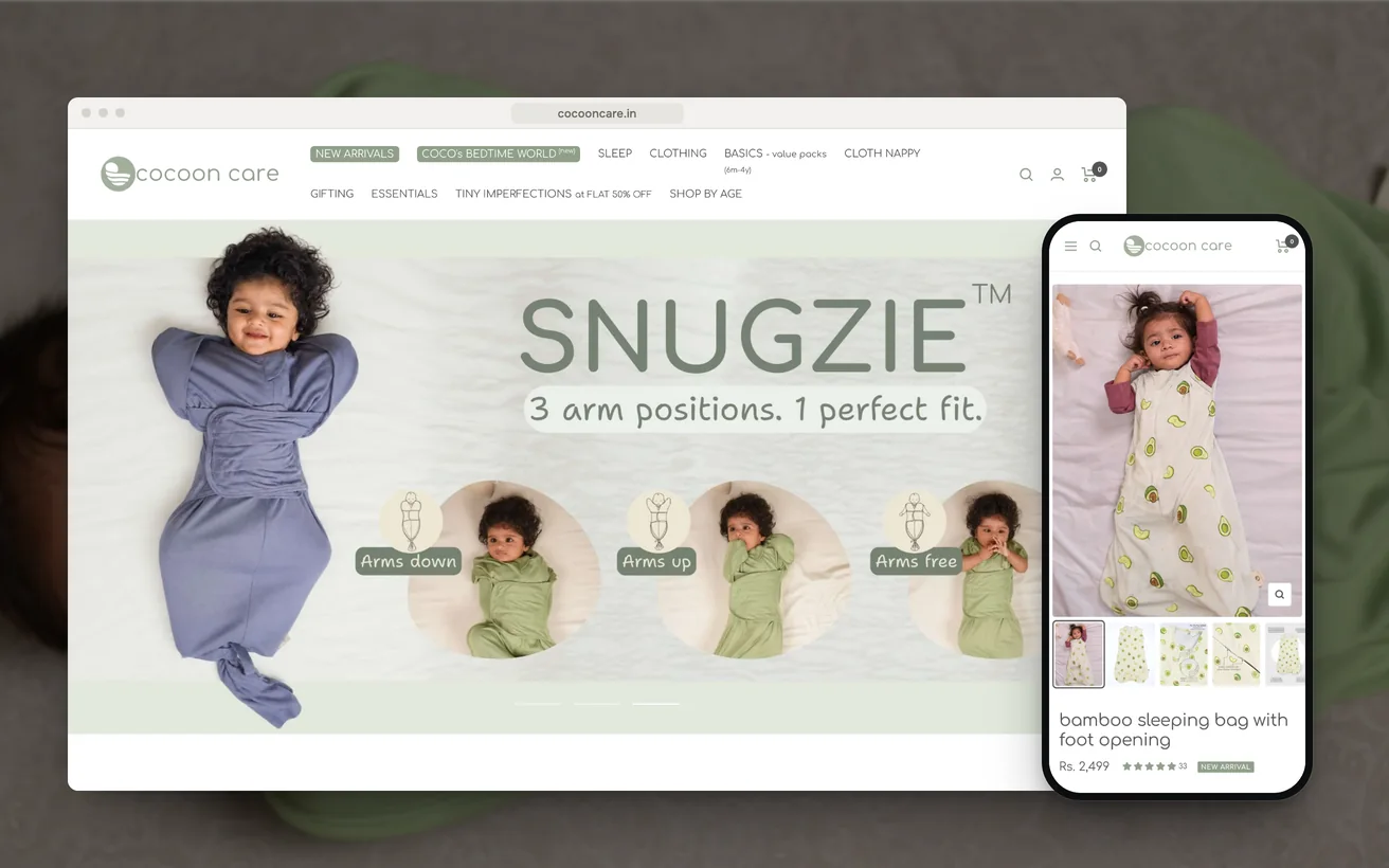 Cocoon Care's Shopify store on desktop and phone: the homepage and a bamboo sleeping bag product page