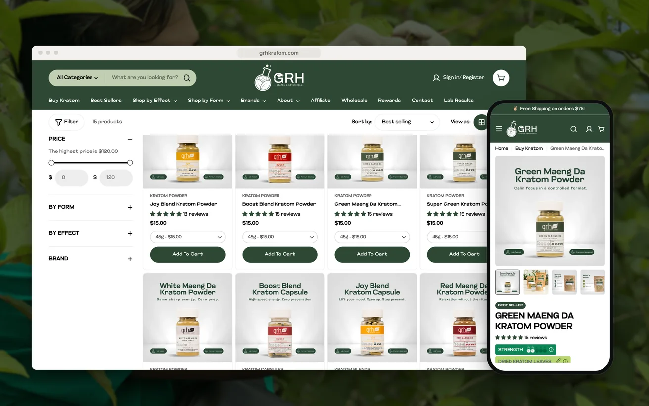 GRH Kratom's Shopify store on desktop and phone: the GRH Kratom collection and the Green Maeng Da product page
