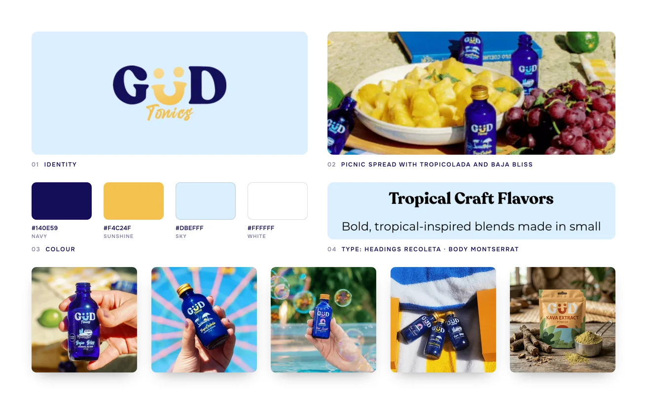 Gud Tonics brand board: logo, colour palette, typography, picnic spread with TropiColada and Baja Bliss and the product range