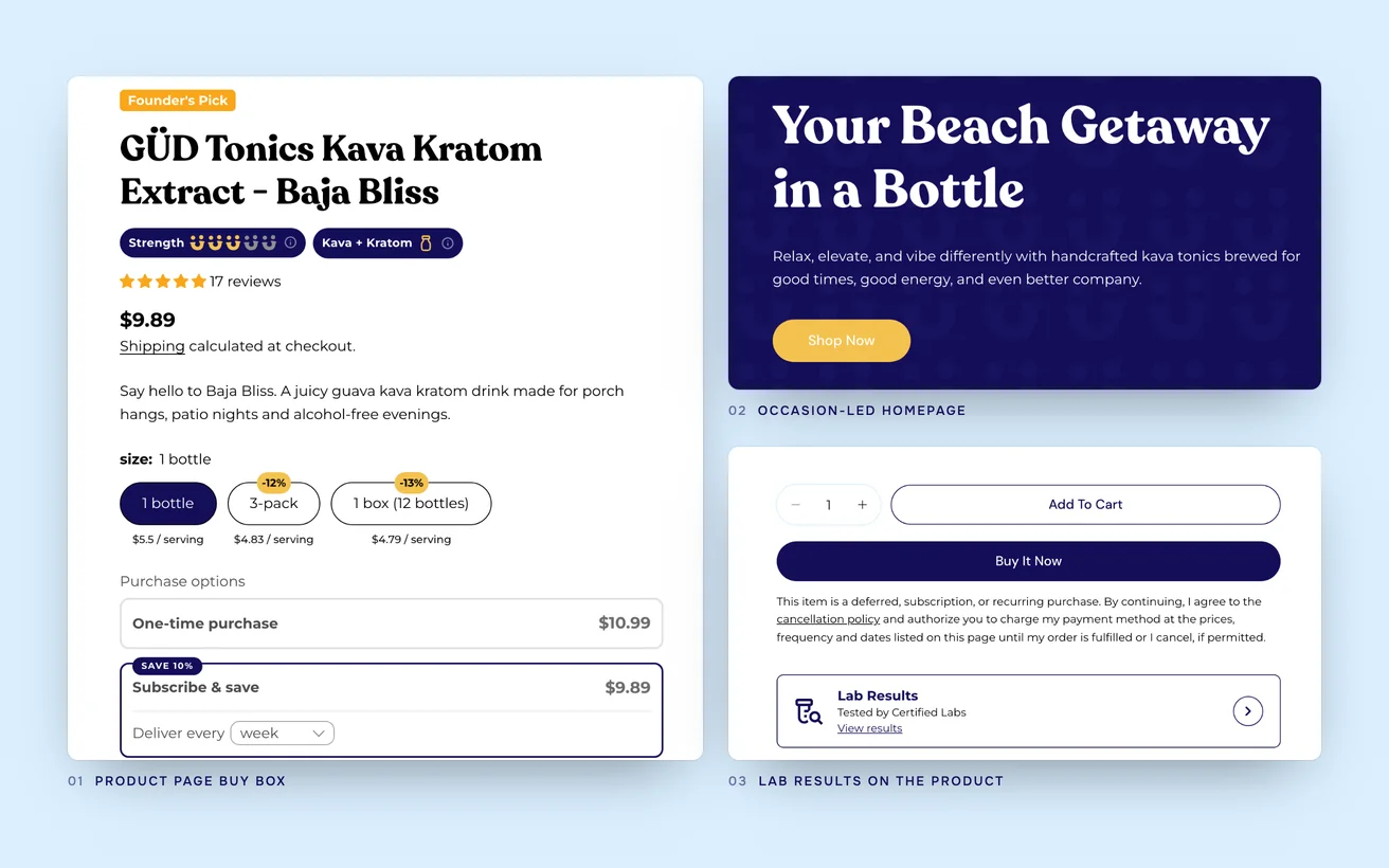 Close-ups of GÜD Tonics: the product buy box, the occasion-led homepage hero and lab results on the product