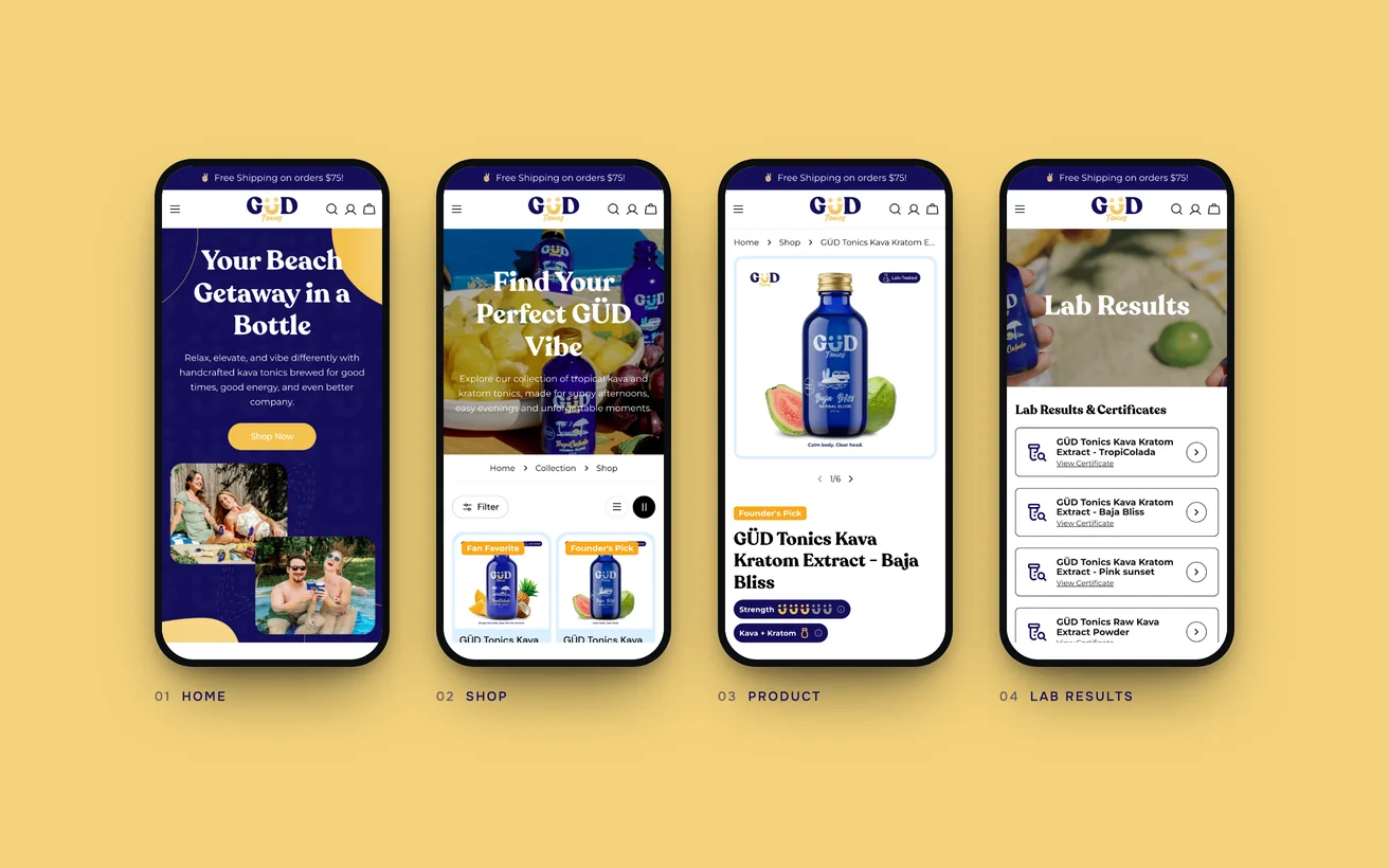 The finished GÜD Tonics store on phones: home, shop, product and lab results