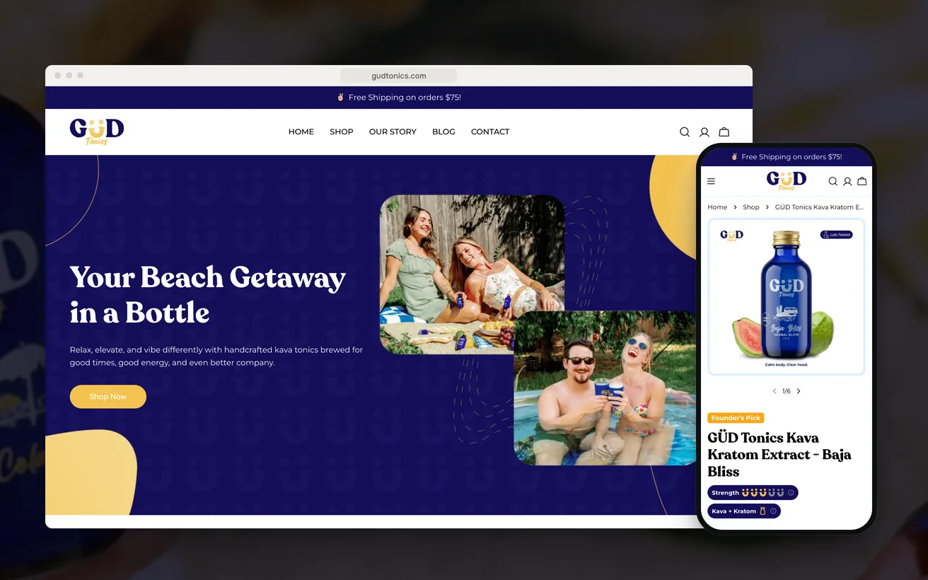 GÜD Tonics' Shopify store on desktop and phone: the homepage and the Baja Bliss product page