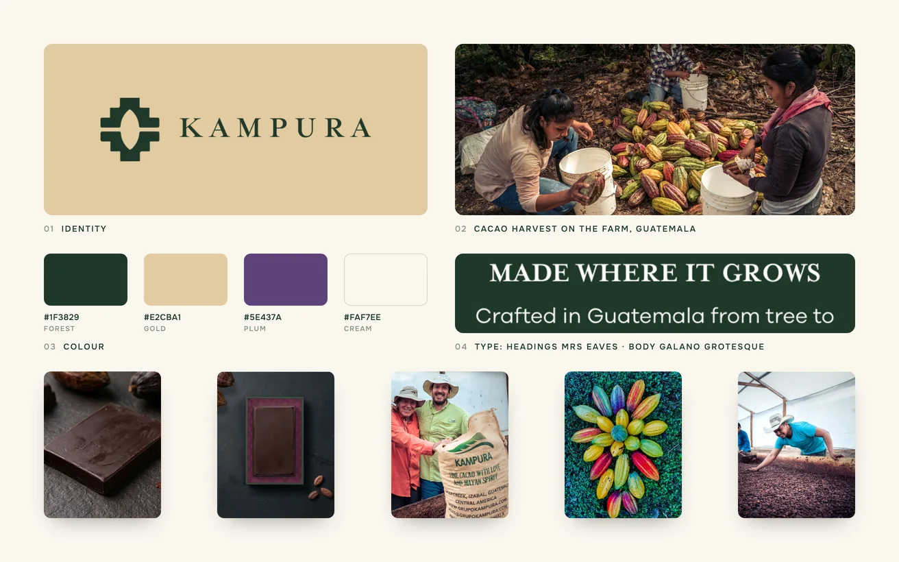 Kampura brand board: logo, colour palette, typography, cacao harvest on the farm, Guatemala and the product range