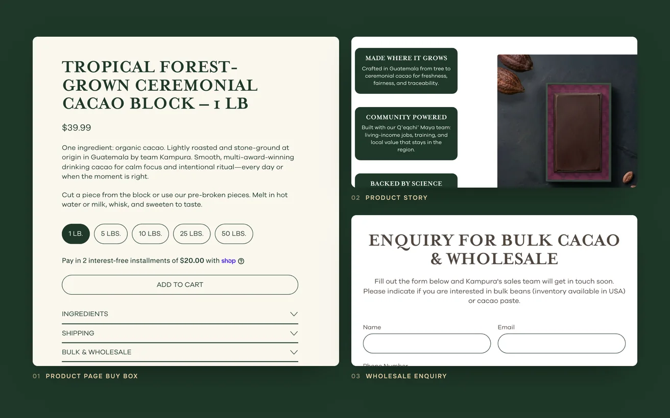 Close-ups of the Kampura build: the product page buy box with size options, the product story module, and the bulk cacao wholesale enquiry form