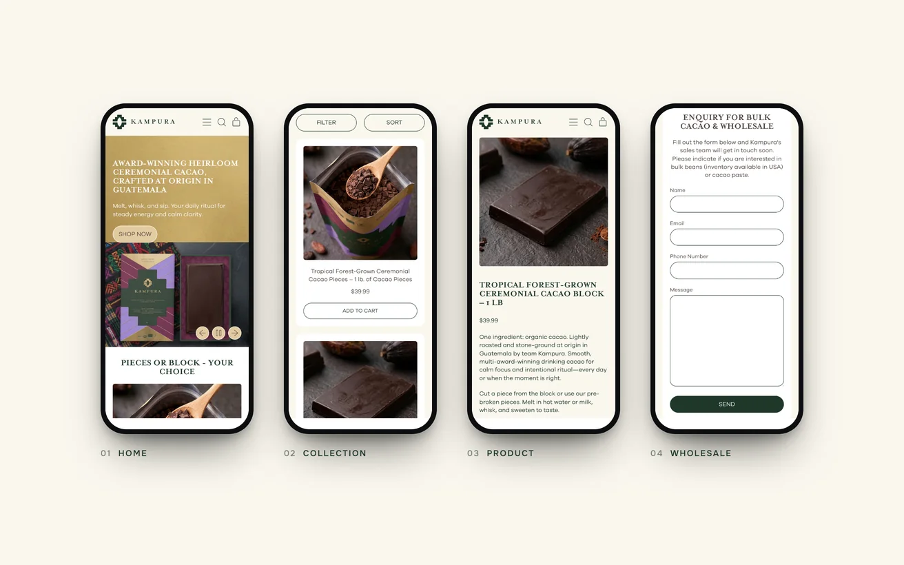 The finished Kampura store on phones: homepage, collection, product page and wholesale enquiry