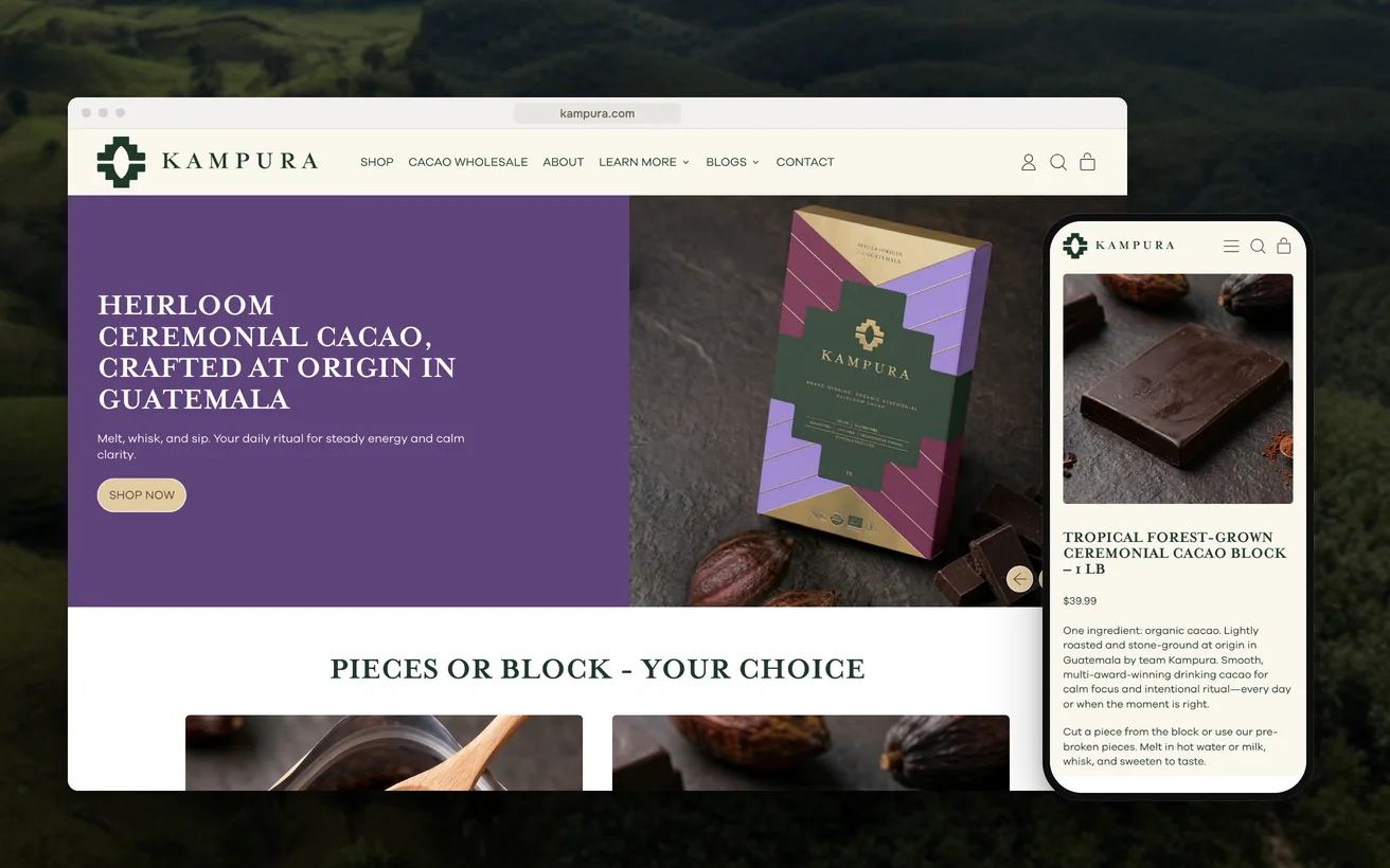 Kampura's Shopify store on desktop and phone: the homepage and the ceremonial cacao block product page, over a photo of Kampura's regenerative forest in Guatemala