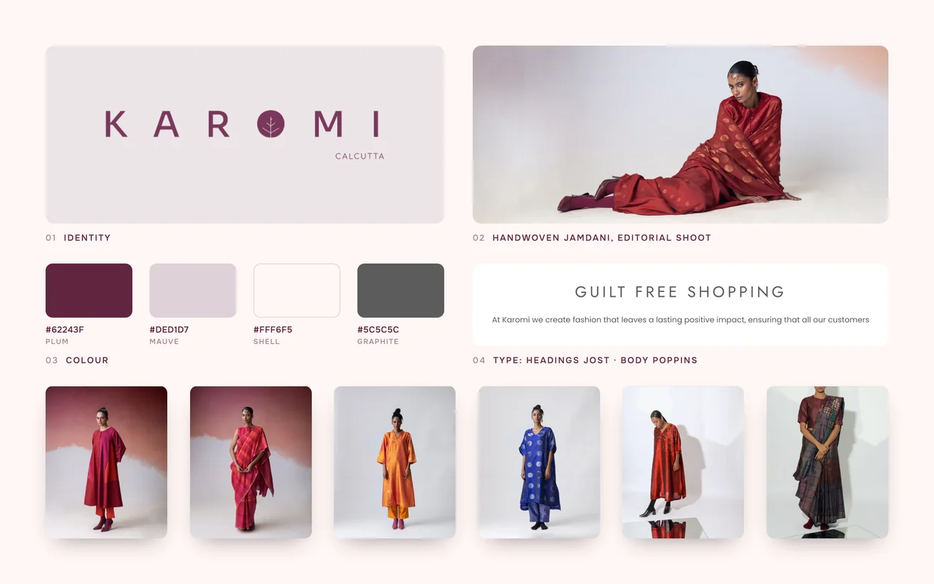 Karomi brand board: logo, colour palette, typography, handwoven jamdani, editorial shoot and the product range