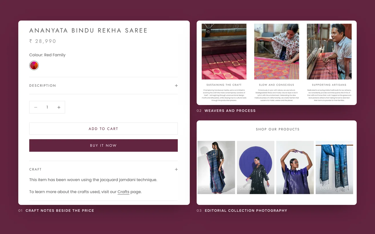 Close-ups of Karomi: craft notes beside the price, the weavers and process section and the editorial collection photography