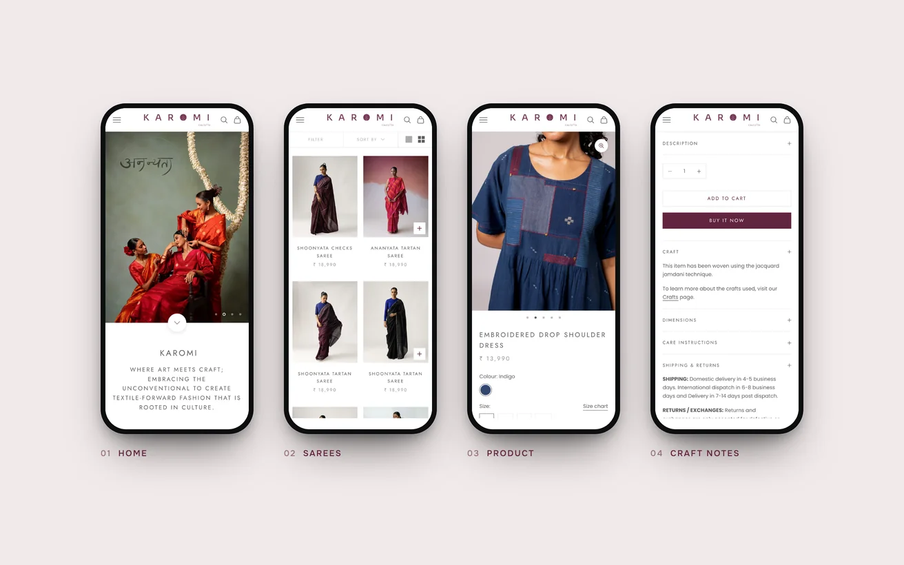 The finished Karomi store on phones: home, sarees, product and craft notes