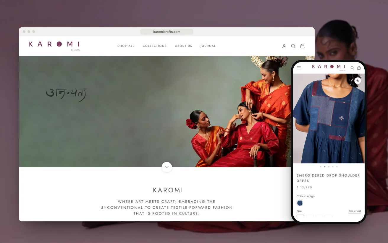 Karomi Crafts' Shopify store on desktop and phone: the homepage and an embroidered handloom dress product page
