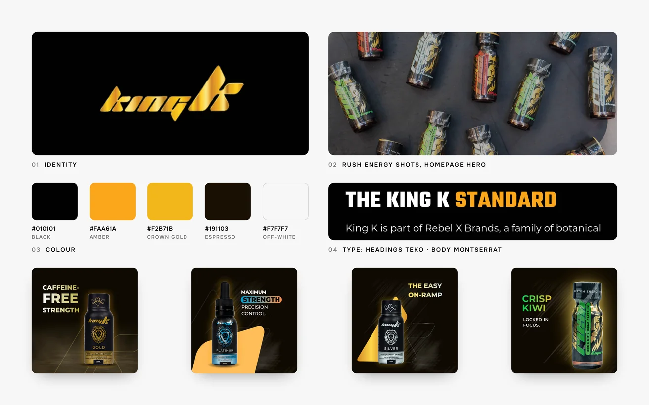 King K Kratom brand board: logo, colour palette, typography, rush energy shots, homepage hero and the product range