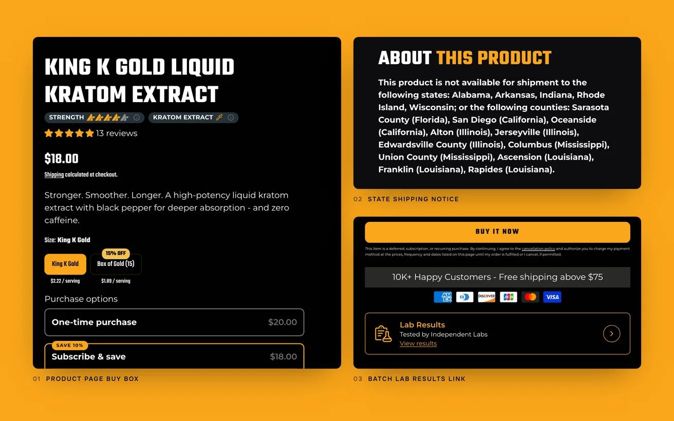 Close-ups of King K: the product buy box, the state shipping notice and the batch lab results link