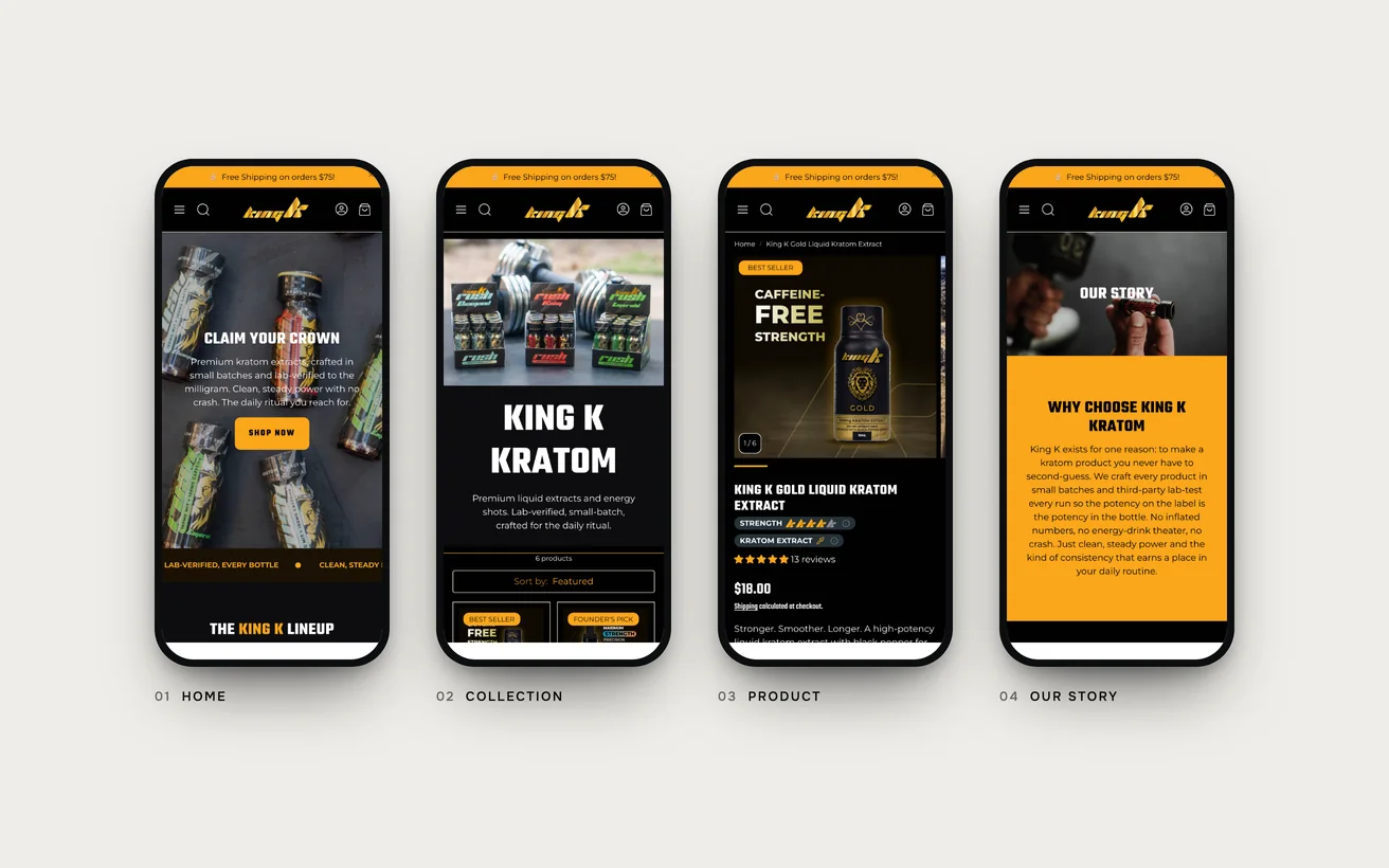 The finished King K store on phones: home, collection, product and our story