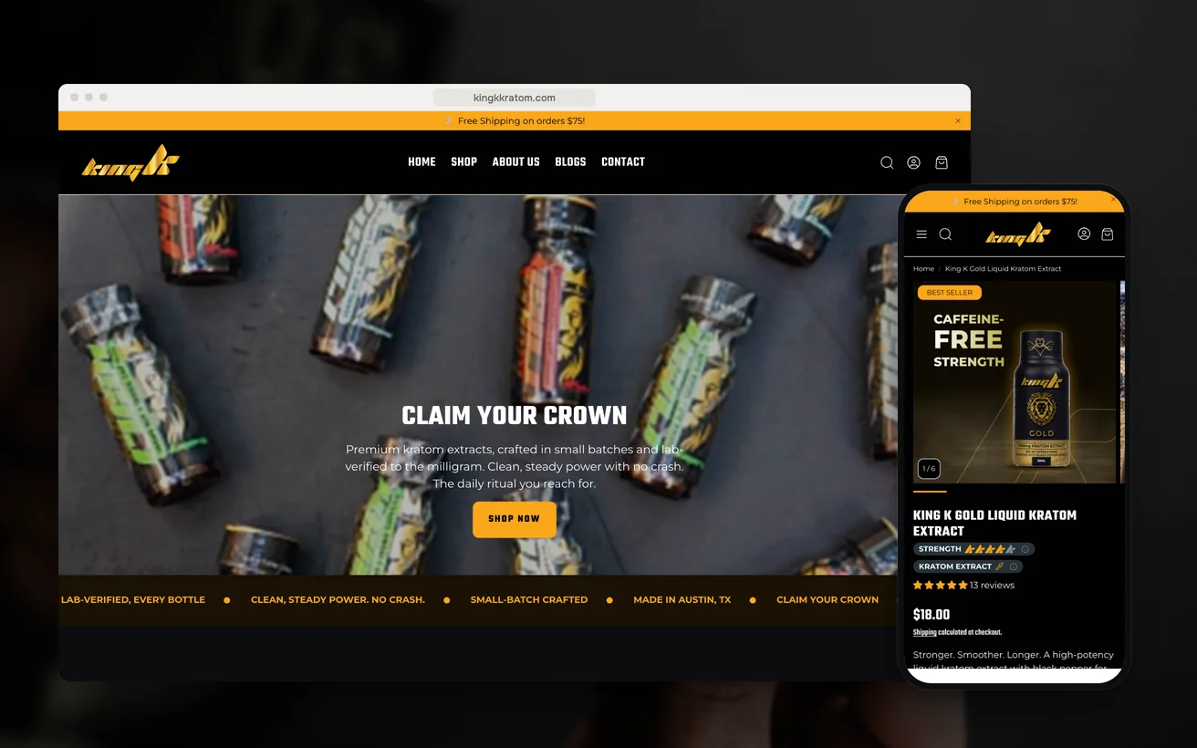 King K Kratom's Shopify store on desktop and phone: the homepage and the King K Gold product page