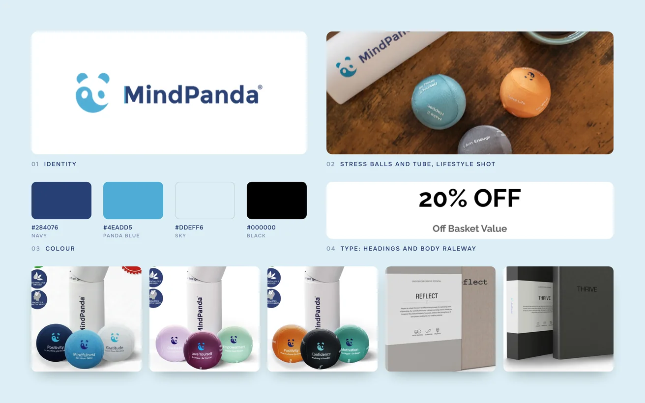 Mindpanda brand board: logo, colour palette, typography, stress balls and tube, lifestyle shot and the product range