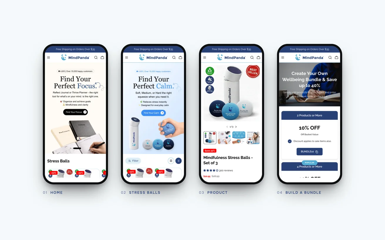 The finished MindPanda store on phones: home, stress balls, product and build-a-bundle