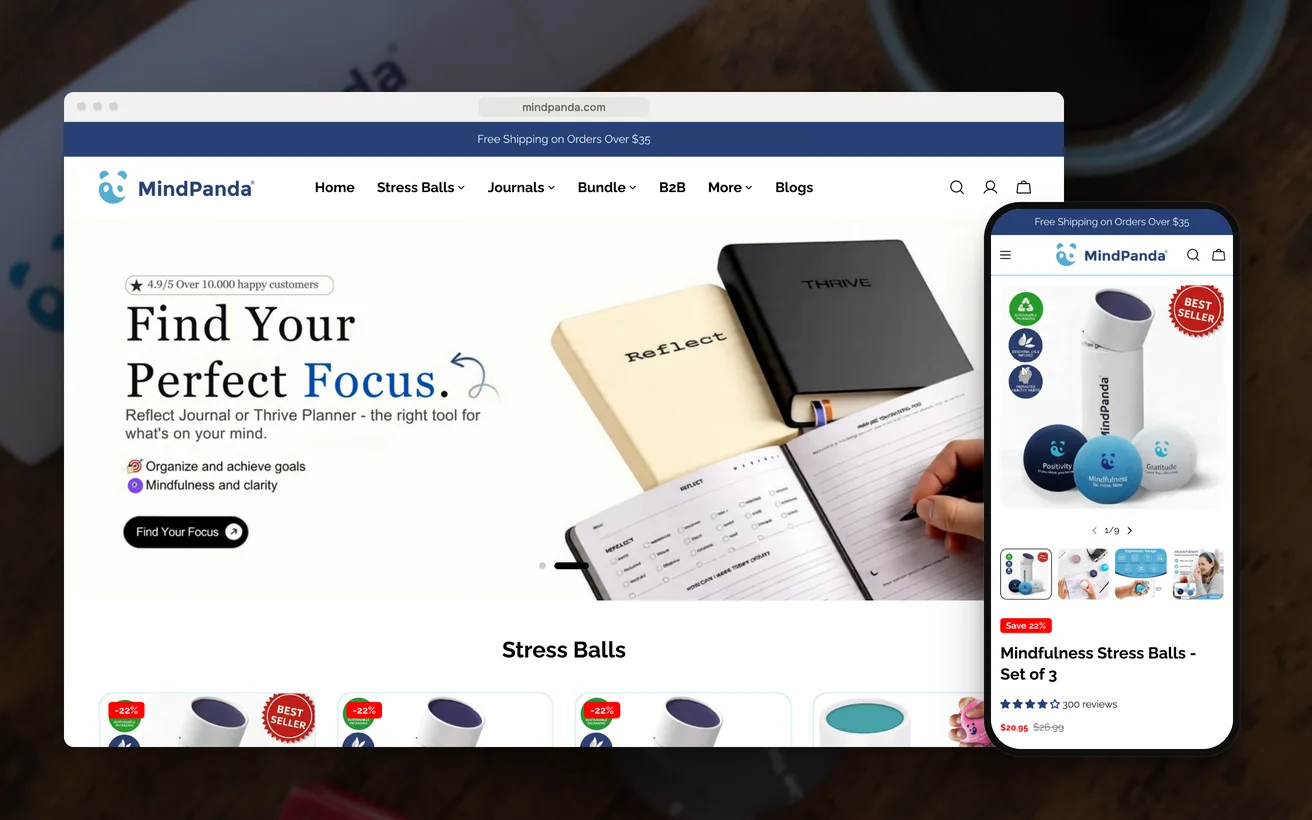 MindPanda's Shopify store on desktop and phone: the homepage and the stress balls product page
