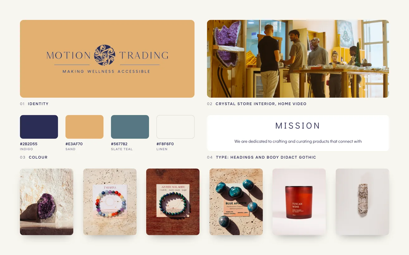 Motion Trading brand board: logo, colour palette, typography, crystal store interior, home video and the product range