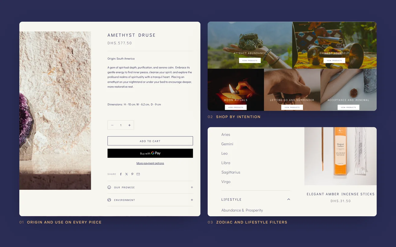 Close-ups of Motion Trading: origin and use on every piece, shop by intention, and zodiac and lifestyle filters