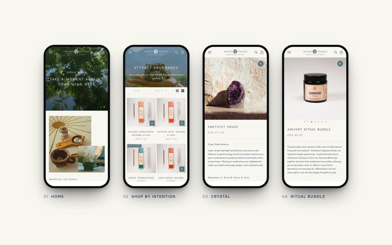 The finished Motion Trading store on phones: home, shop by intention, a crystal and a ritual bundle