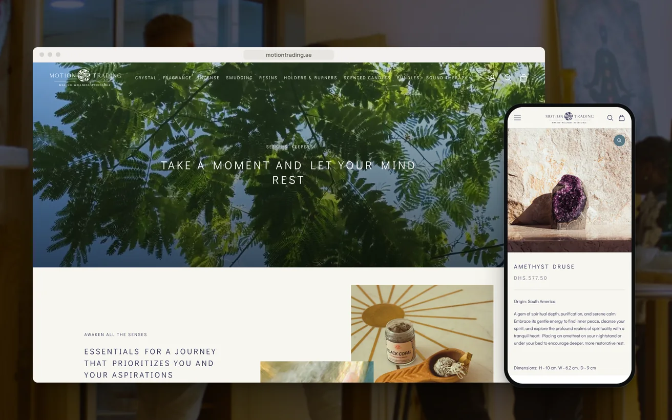 Motion Trading's Shopify store on desktop and phone: the homepage and the Amethyst Druse product page