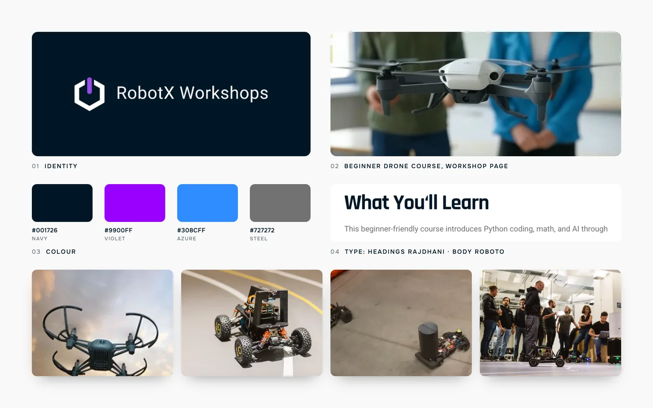 Robotx Workshops brand board: logo, colour palette, typography, beginner Drone Course, workshop page and the product range
