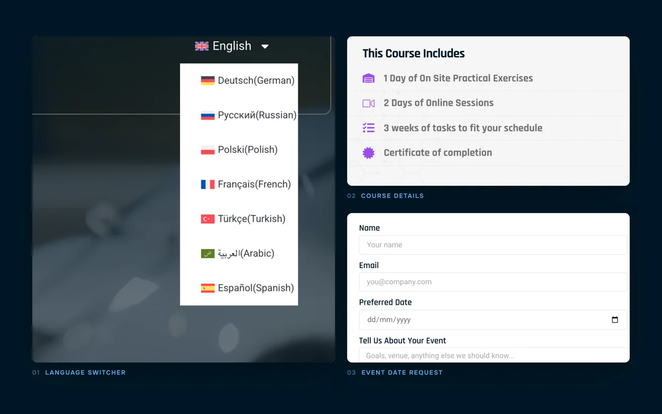 Close-ups of RobotX: the eight-language switcher, the course details card and the event date request form