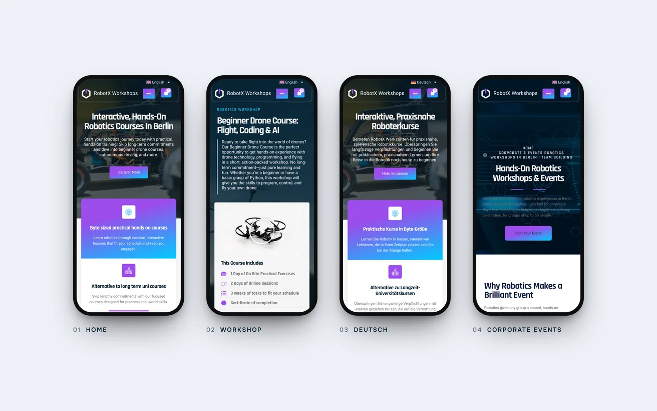 The finished RobotX site on phones: home, a workshop, the German homepage and corporate events