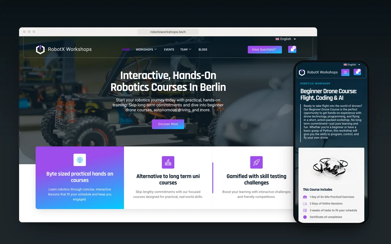 RobotX Workshops on desktop and phone: the homepage and the Beginner Drone Course page
