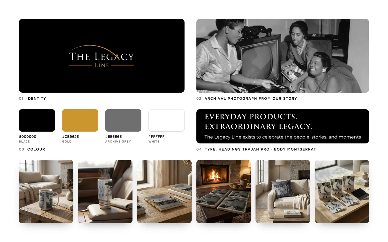 The Legacy Line brand board: logo, colour palette, typography, archival photograph from Our Story and the product range