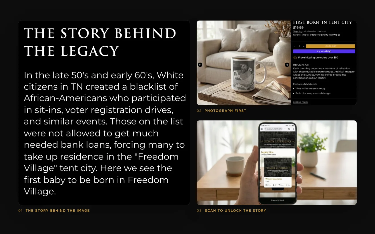 Close-ups of The Legacy Line: the story behind an archival photograph, the photograph-first product page and the scan-to-unlock-the-story AR feature